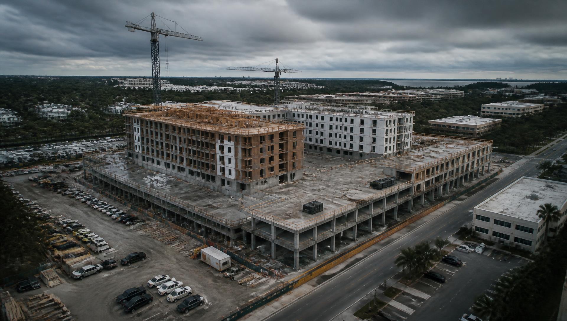 Aerial view of a large multifamily construction project under way in Florida