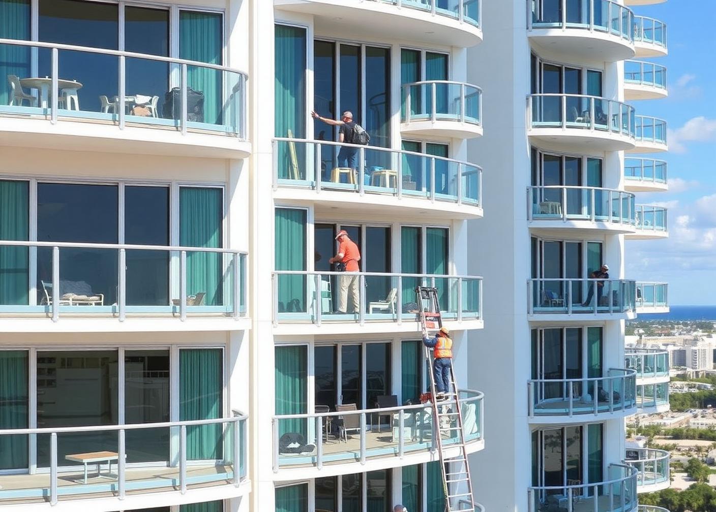 Malaga Towers Association — Balcony knee-wall removal, floating glass railing installation, and garage restoration
