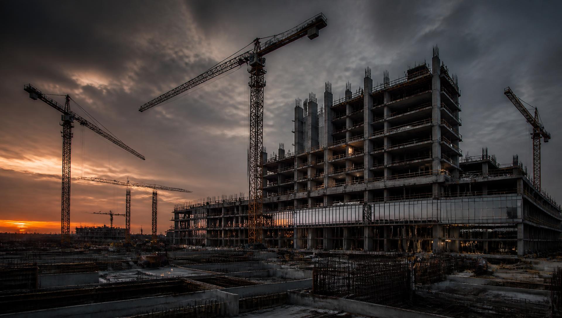 Large commercial construction site with tower cranes and structural concrete at dusk