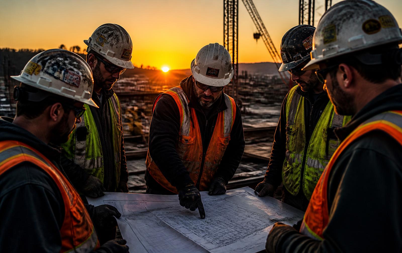 Construction crew in hard hats and high-visibility vests during a daily safety briefing