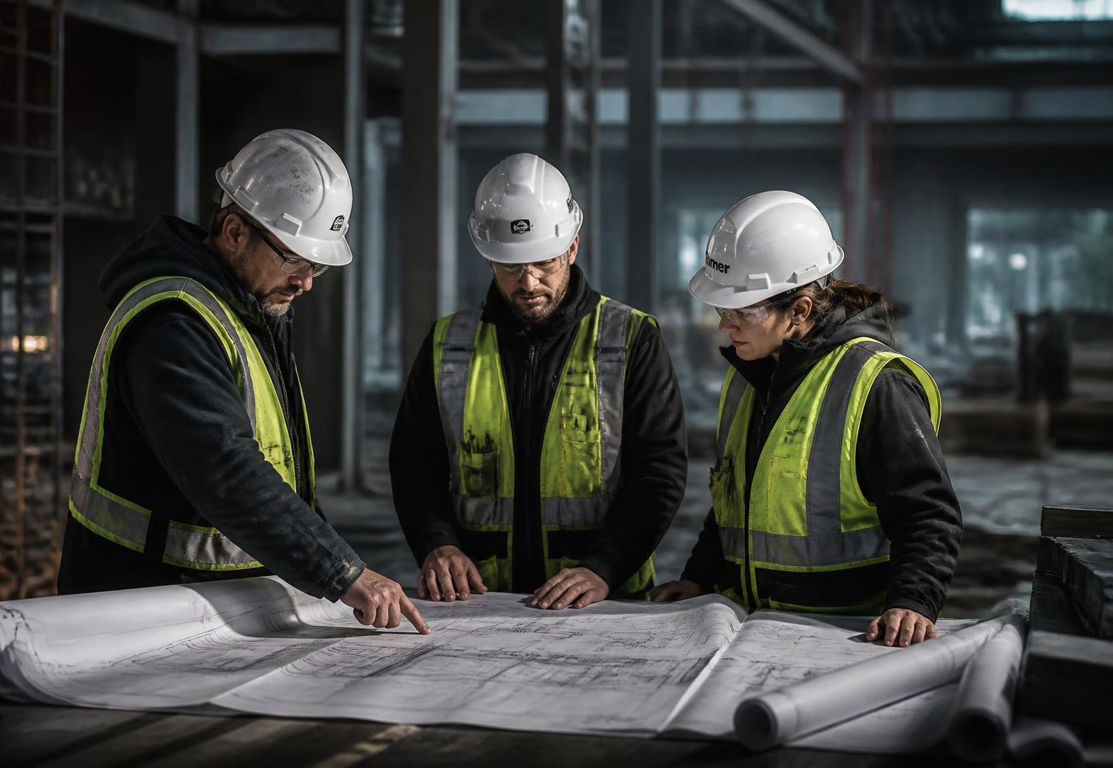 Construction leadership reviewing project drawings on an active jobsite